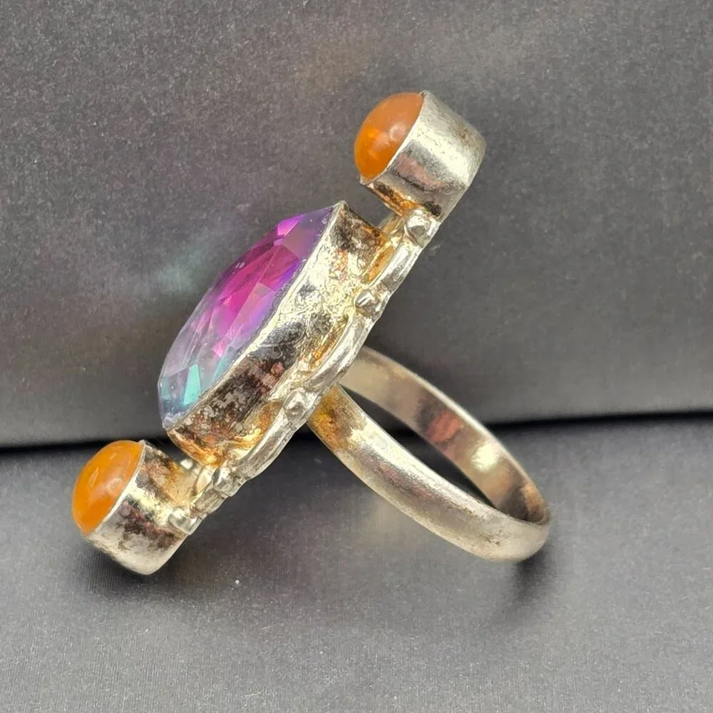 925 Silver-Plated Ring Size 7.5 VTG Glass Teardrop & Amber Cabochon Statement - Picture 2 of 14
